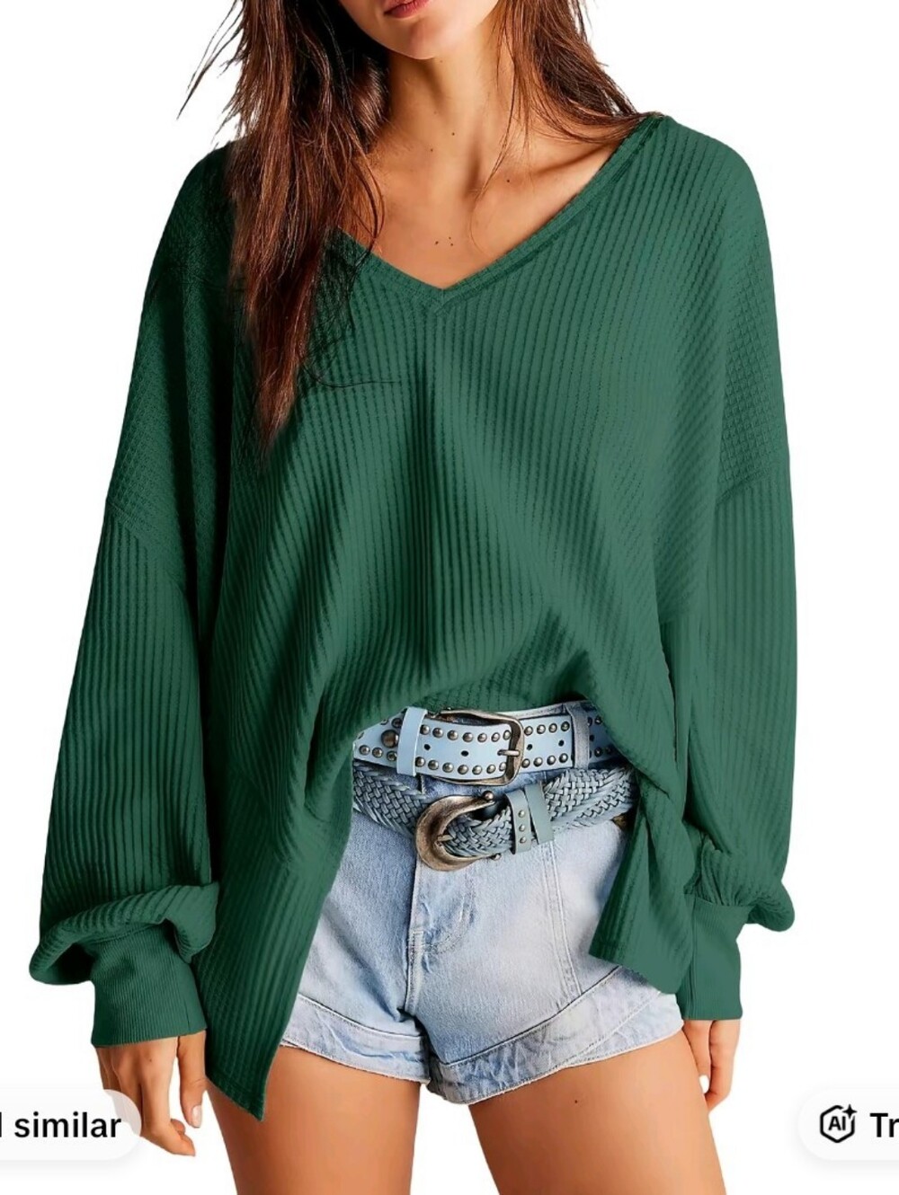 Oversized V-Neck Waffle Knit Top in Forest Green